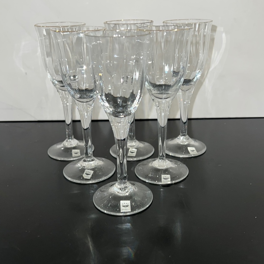 6 Gral Glas Germany Optic Faceted 5” Cordial Sherry Glasses Gold Rim NWT